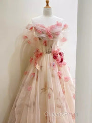 Ball Gown Champagne Floral Evening Prom Dress Long Party Dress