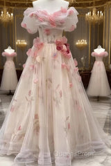 Ball Gown Champagne Floral Evening Prom Dress Long Party Dress