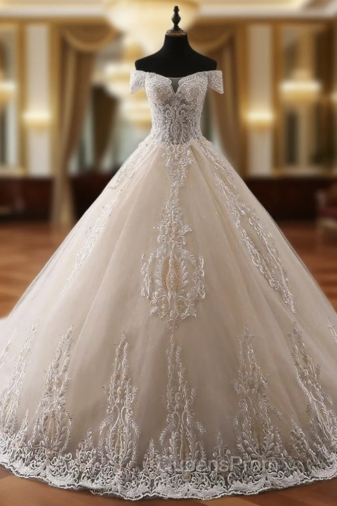 Ball Gown Champagne Off The Shoulder Tulle Appliques Wedding Dress Main image
