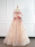 Ball Gown Champagne Tulle Floral Evening Prom Dress