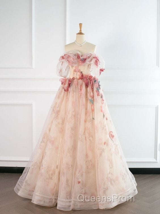Ball Gown Champagne Tulle Floral Evening Prom Dress