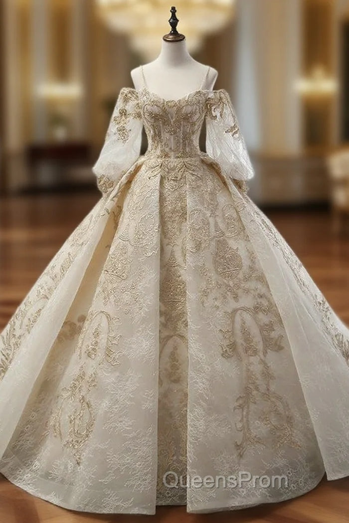 Ball Gown Champagne Tulle Gold Lace Appliques Ruff Sleeve Wedding Dress Main image