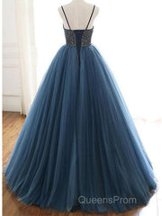 Ball Gown Deep Blue Tulle Evening Prom Dress Evening Dress With Beading,