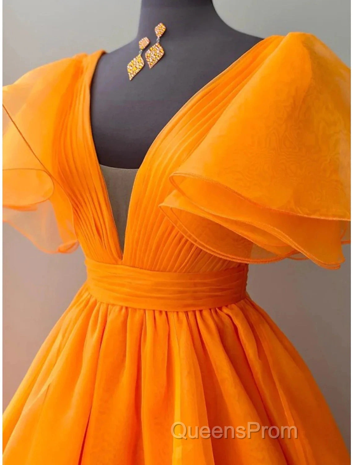 Ball Gown Evening Gown Celebrity Style Dress Wedding Party Dress Floor Length Short Sleeve V Neck Fall Wedding Guest Organza With Pleats Ruffles