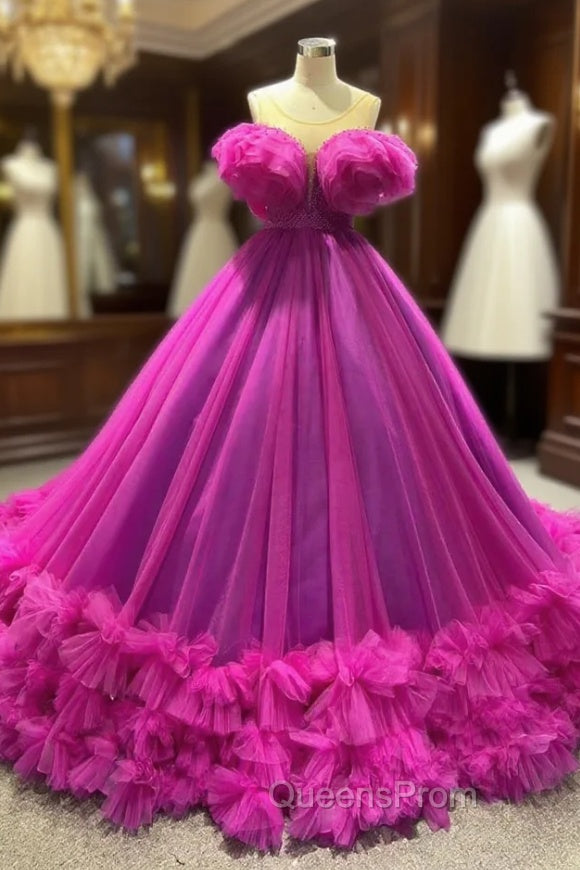Ball Gown Fuchsia Tulle Pearls Evening Prom Dress Main image