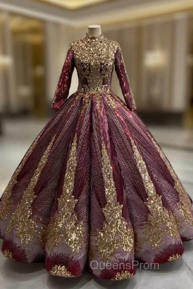 Ball Gown Gold Sequins Long Sleeve High Neck Evening Prom Dress
