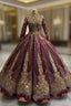 Ball Gown Gold Sequins Long Sleeve High Neck Evening Prom Dress