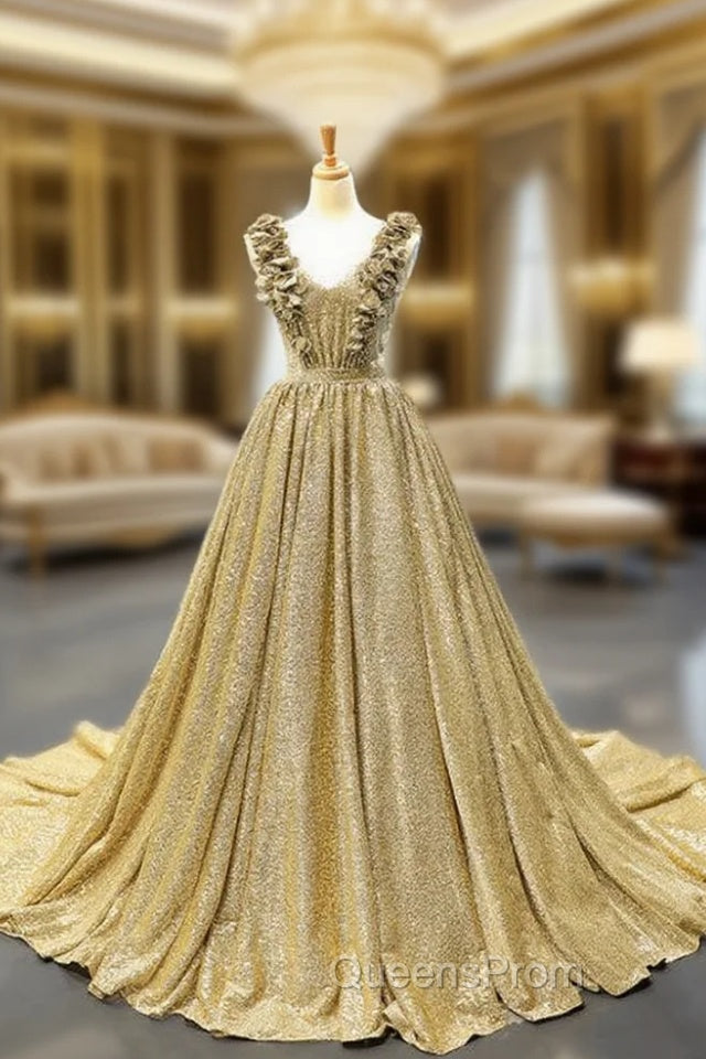 Ball Gown Gold Sequins V-neck Appliques Evening Prom Dress With Train