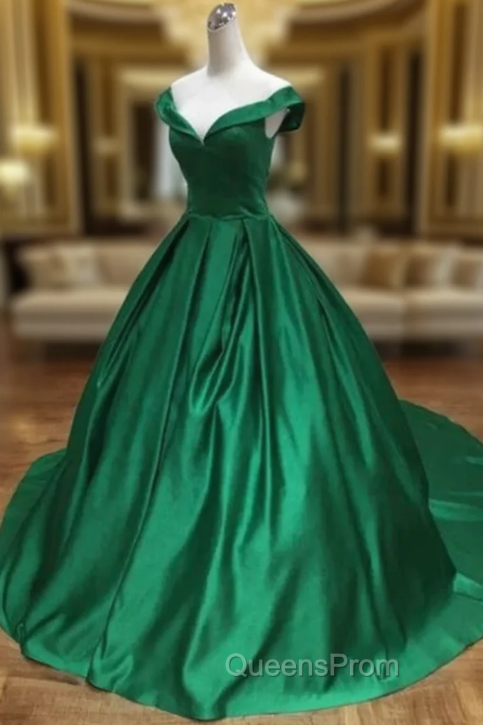 Ball Gown Green Satin Off the Shoulder Evening Prom Dress Main image