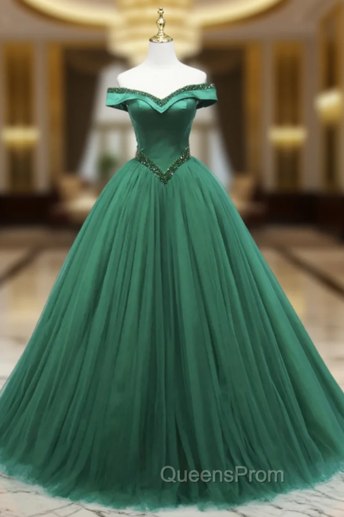Ball Gown Green Tulle Off the Shoulder Beading Evening Prom Dress Main image