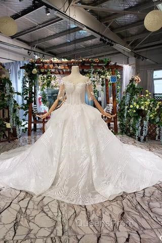 Ball Gown Half Sleeves Lace Bridal Dress With Sequins, Princess Long Wedding Dress
