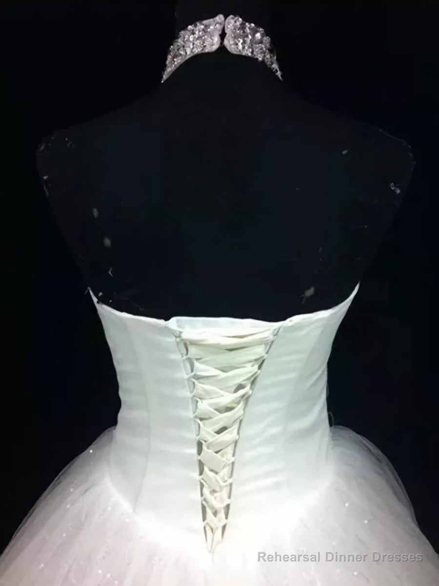 Ball-Gown Halter Beading Floor-Length Tulle Wedding Dress