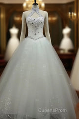 Ball-Gown Halter Beading Floor-Length Tulle Wedding Dress