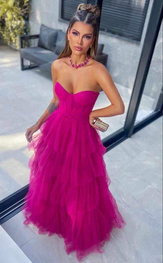 Ball Gown Hot Pink Sweetheart Tulle Prom Dress Classy Prom Dress