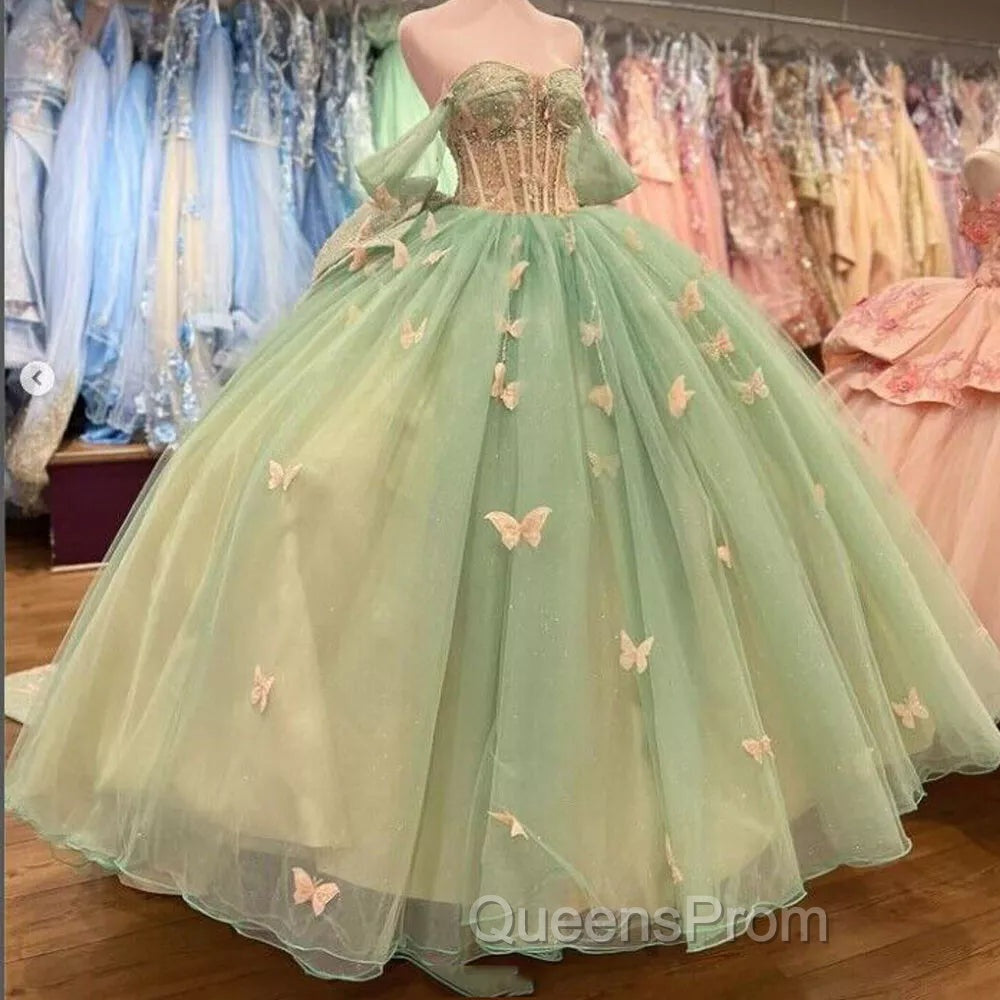 Ball Gown Light Green Tulle Quinceanera Dress With Butterflies
