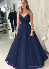 Ball Gown Long/Floor-Length Sparkling Tulle Prom Dresses With Pleated
