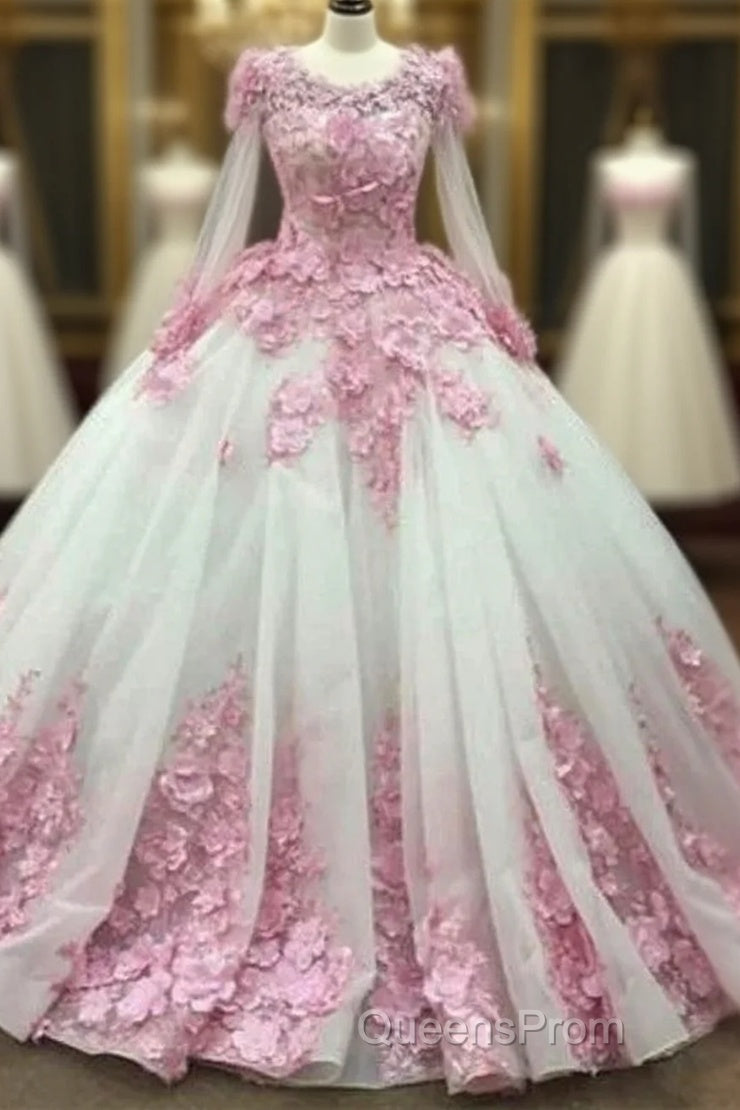 Ball Gown Long Sleeve Tulle Evening Prom Flowers Wedding Dress Main image