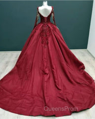 Ball Gown Long Sleeves Lace Appliques Satin V Neck Dress