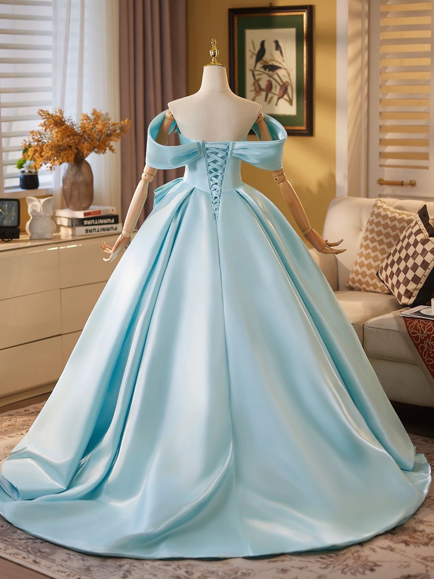 Ball Gown Off Shoulder A-Line Satin Sweep Train Blue Long Classy Prom Dress Secondary image