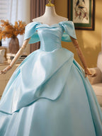 Ball Gown Off Shoulder A-Line Satin Sweep Train Blue Long Classy Prom Dress