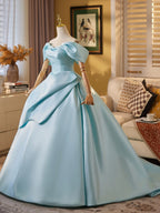 Ball Gown Off Shoulder A-Line Satin Sweep Train Blue Long Classy Prom Dress