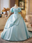 Ball Gown Off Shoulder A-Line Satin Sweep Train Blue Long Classy Prom Dress