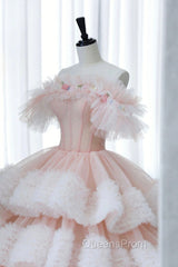 Ball Gown Off Shoulder Pink Tulle Long Evening Prom Dress, Sweet 16 Dress