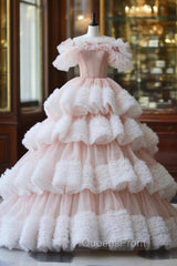 Ball Gown Off Shoulder Pink Tulle Long Evening Prom Dress, Sweet 16 Dress