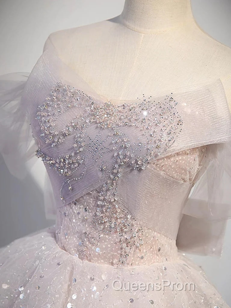 Ball Gown Off Shoulder Tulle Sequin Light Pink Long Evening Prom Dress