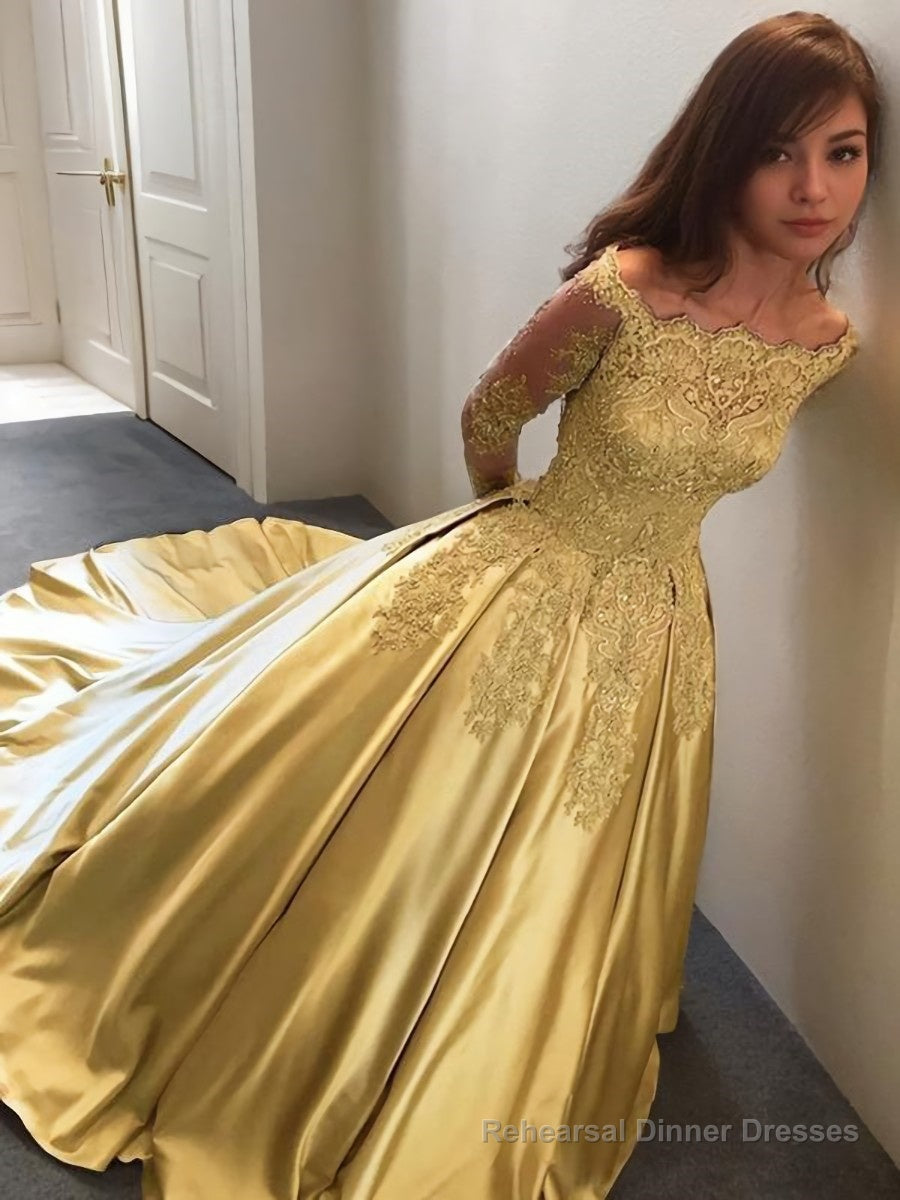 Ball Gown Off-the-Shoulder Floor-Length Satin Prom Dresses With Appliques Lace Secondary image