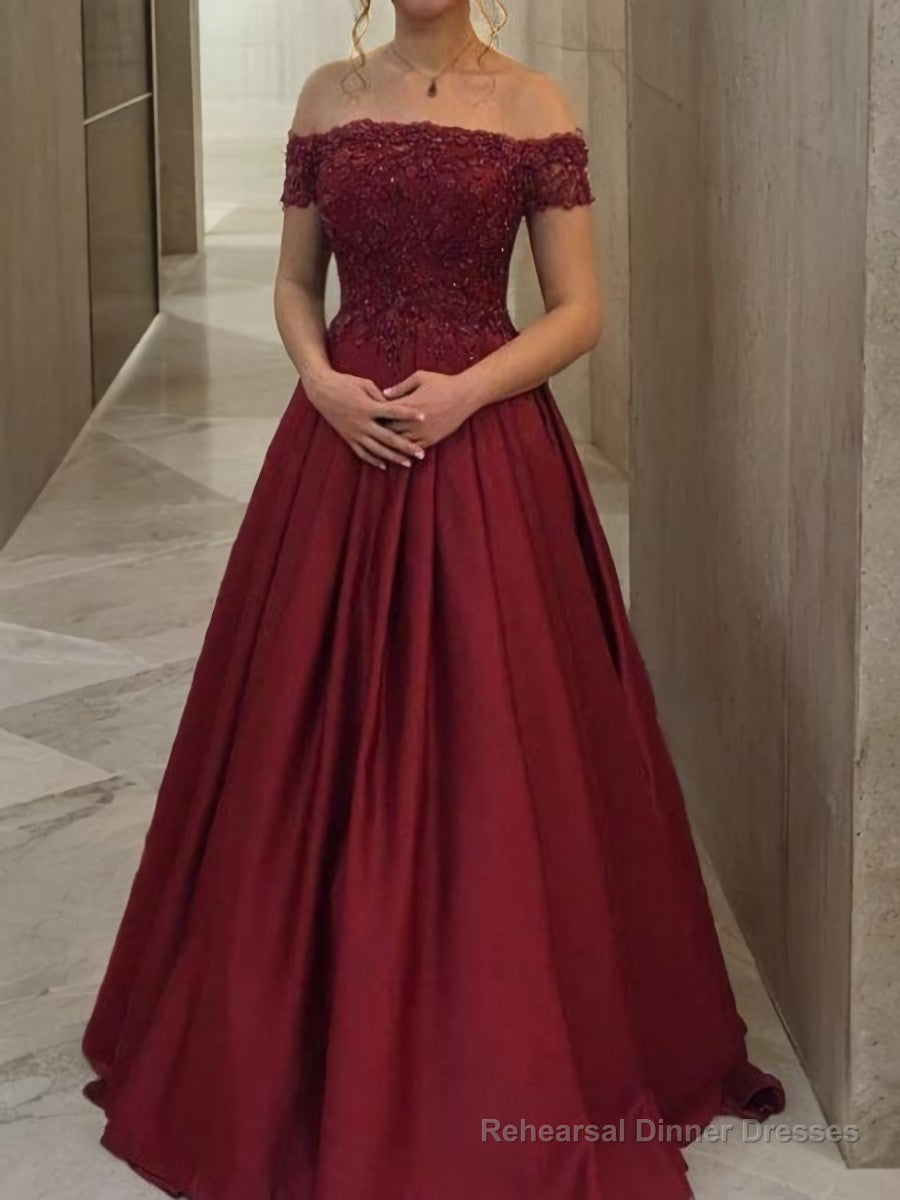 Ball Gown Off-the-Shoulder Floor-Length Satin Evening Dresses With Appliques Lace Main image