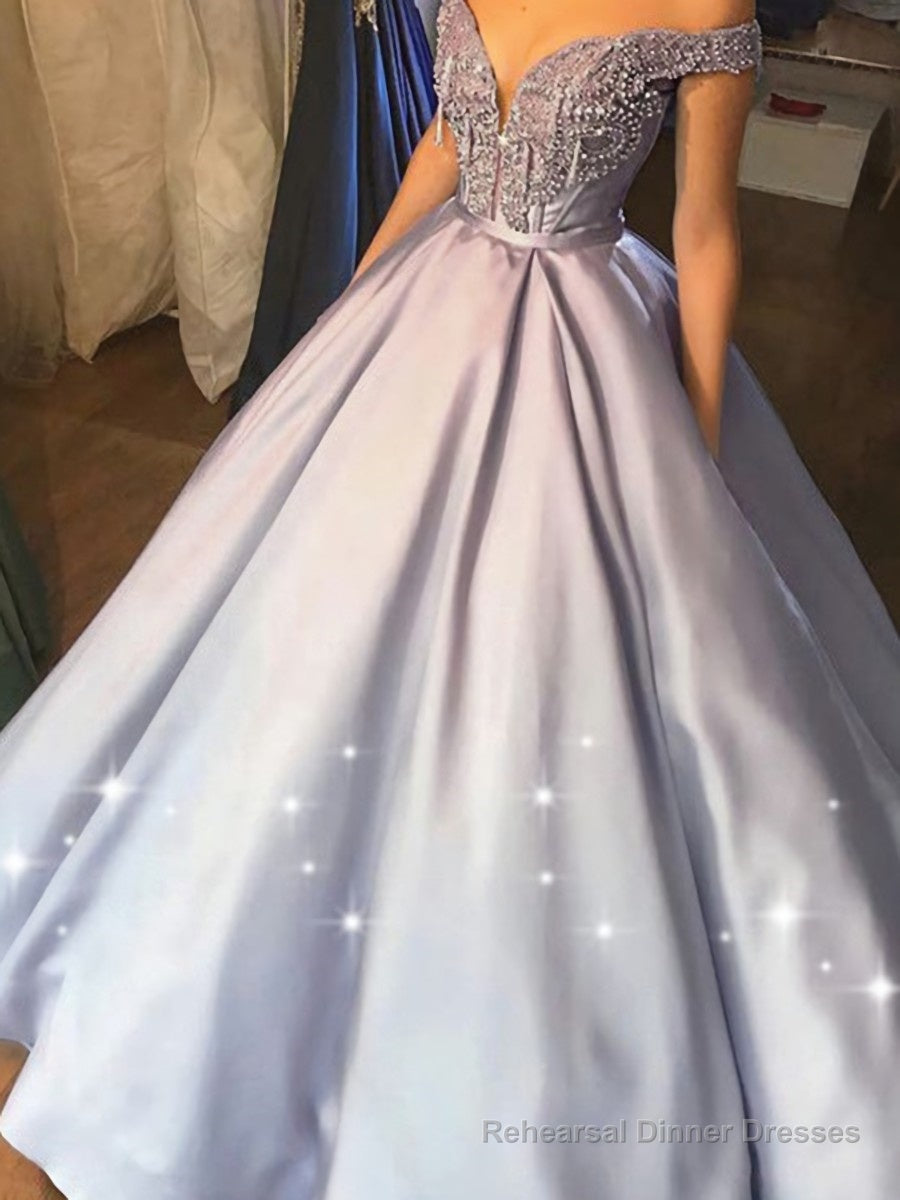 Ball Gown Off-the-Shoulder Floor-Length Satin Prom Dresses With Beading Main image