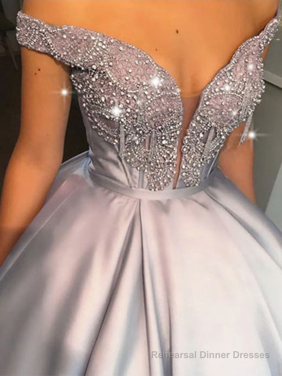 Ball Gown Off-the-Shoulder Floor-Length Satin Prom Dresses With Beading Secondary image