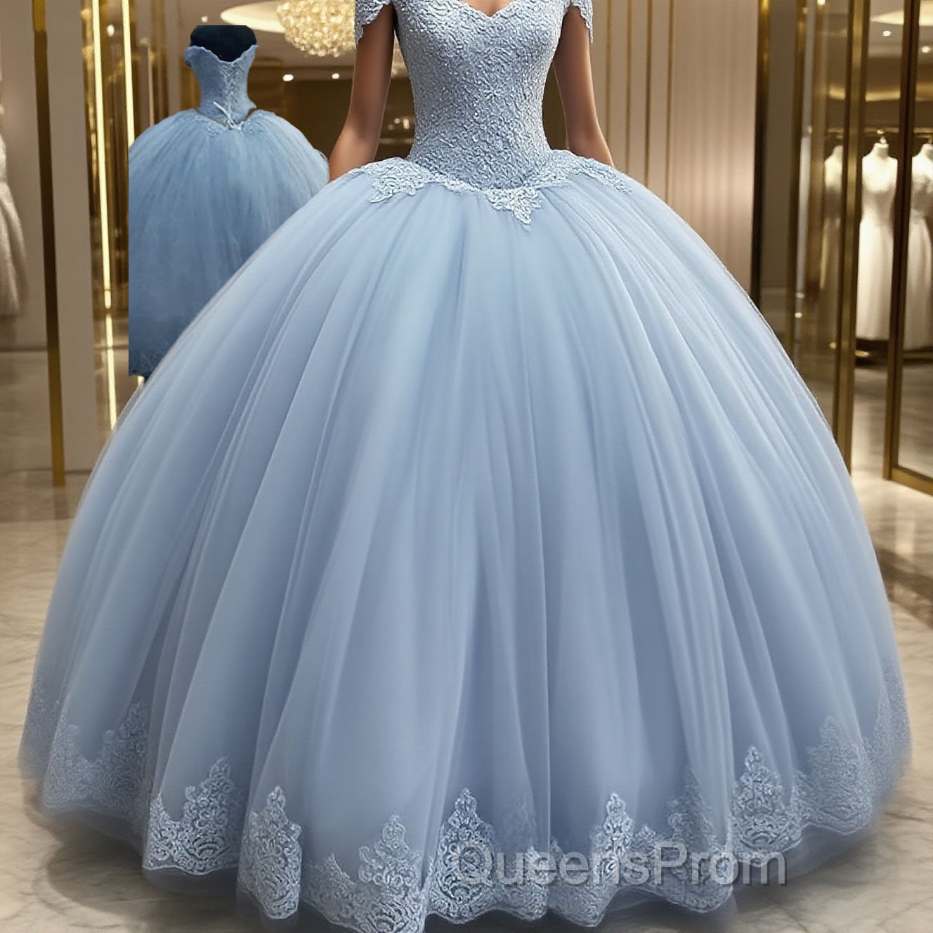 Ball Gown Off-the-Shoulder Floor-Length Tulle Evening Prom Dress With Appliques Lace Main image