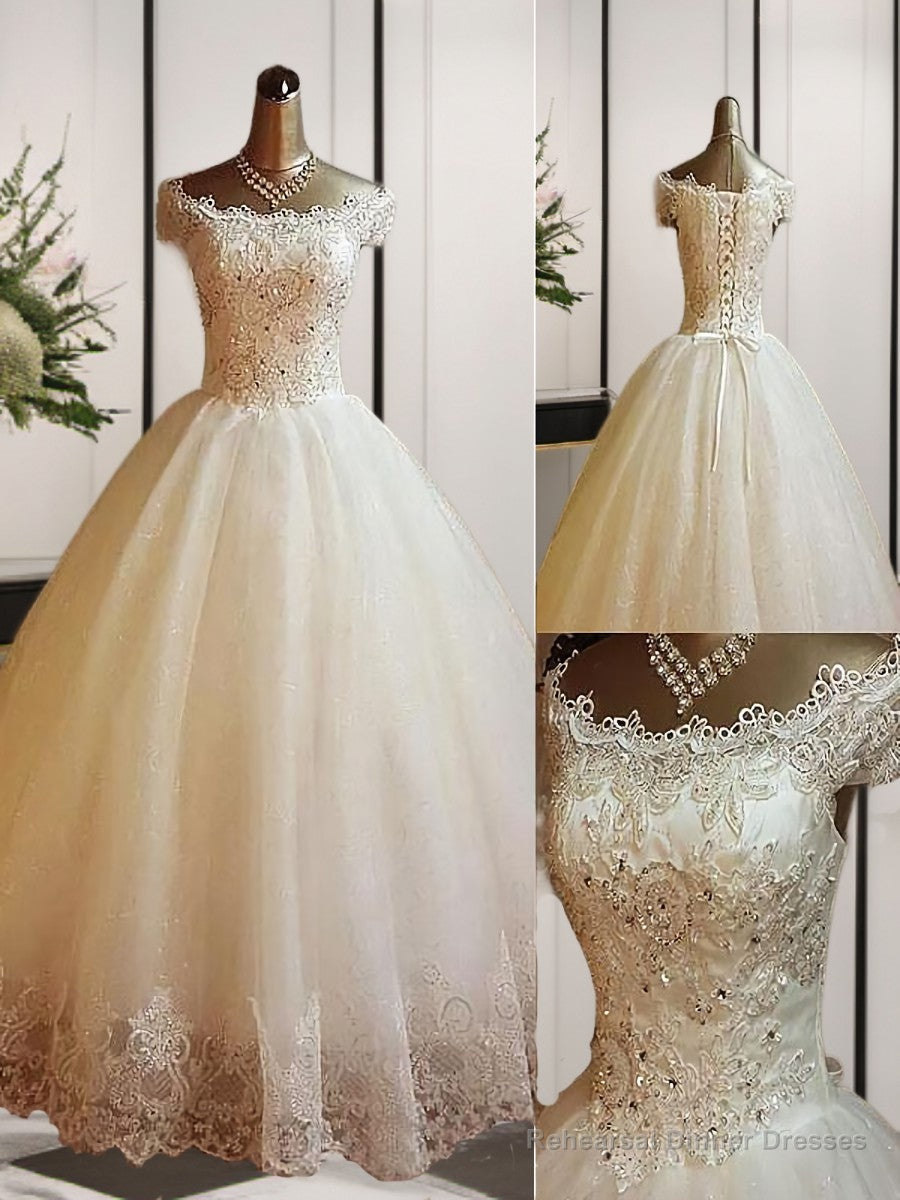 Ball-Gown Off-the-Shoulder Sequin Floor-Length Tulle Wedding Dress Main image