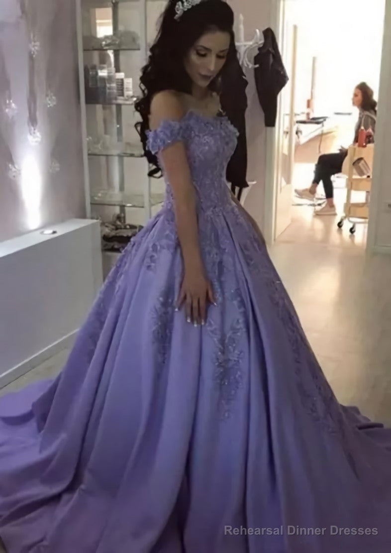 Ball Gown Off-the-Shoulder Sleeveless Sweep Train Satin Prom Dresses With Appliqued Beading Main image
