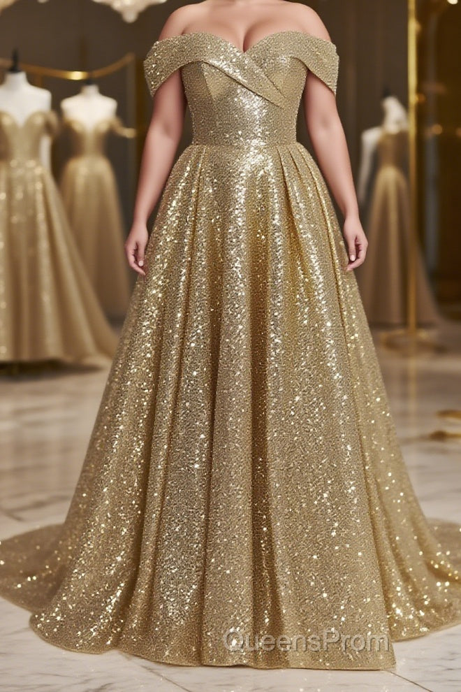 Ball Gown Off-the-Shoulder Sweep Train Sequins Evening Prom Dress With Lace Main image