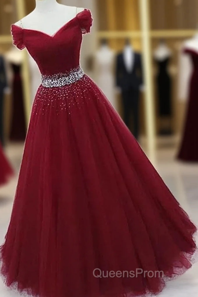 Ball Gown Off-the-Shoulder Tulle Long/Floor-Length Sparkling Evening Prom Dress With Beading
