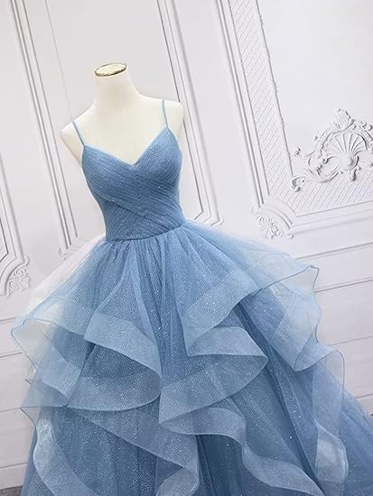 Green/Blue Long Shiny Elegant Spaghetti Straps Long Ruffled Organza Ball Gown Classy Evening Dress Quinceanera Dress