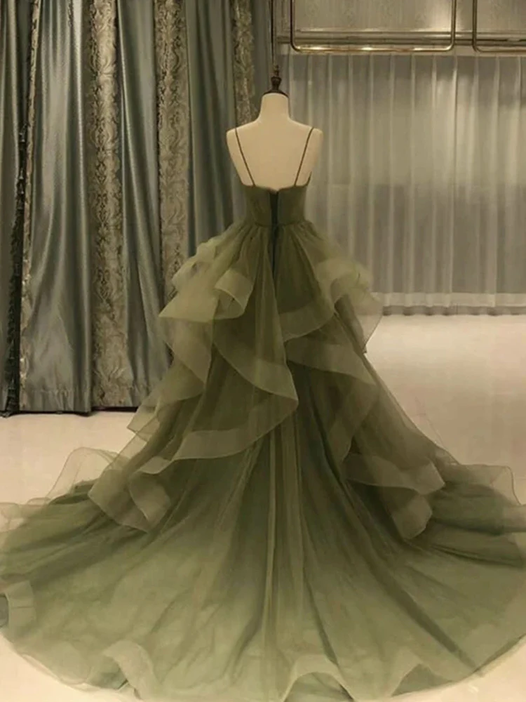 Green/Blue Long Shiny Elegant Spaghetti Straps Long Ruffled Organza Ball Gown Classy Evening Dress Quinceanera Dress