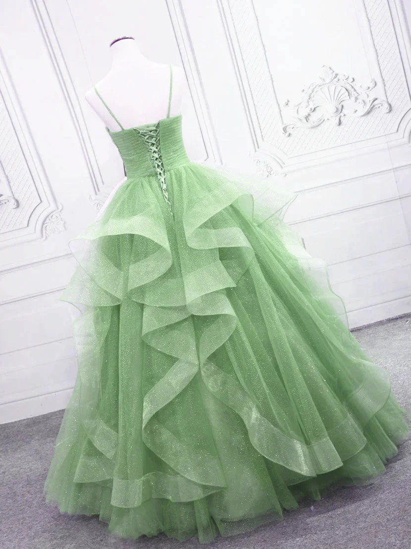 Green/Blue Long Shiny Elegant Spaghetti Straps Long Ruffled Organza Ball Gown Classy Evening Dress Quinceanera Dress