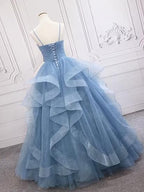 Green/Blue Long Shiny Elegant Spaghetti Straps Long Ruffled Organza Ball Gown Classy Evening Dress Quinceanera Dress