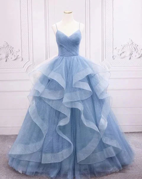 Green/Purple/Blue Fashion Elegant Spaghetti Strap Long Organza Ruffles Ball Gown Classy Evening Gown Graduation Gown Adult Ceremony Gown