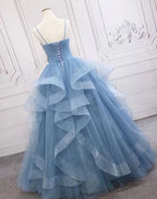 Green/Purple/Blue Fashion Elegant Spaghetti Strap Long Organza Ruffles Ball Gown Classy Evening Gown Graduation Gown Adult Ceremony Gown