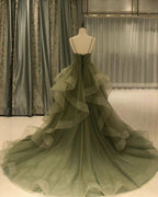 Green/Purple/Blue Fashion Elegant Spaghetti Strap Long Organza Ruffles Ball Gown Classy Evening Gown Graduation Gown Adult Ceremony Gown