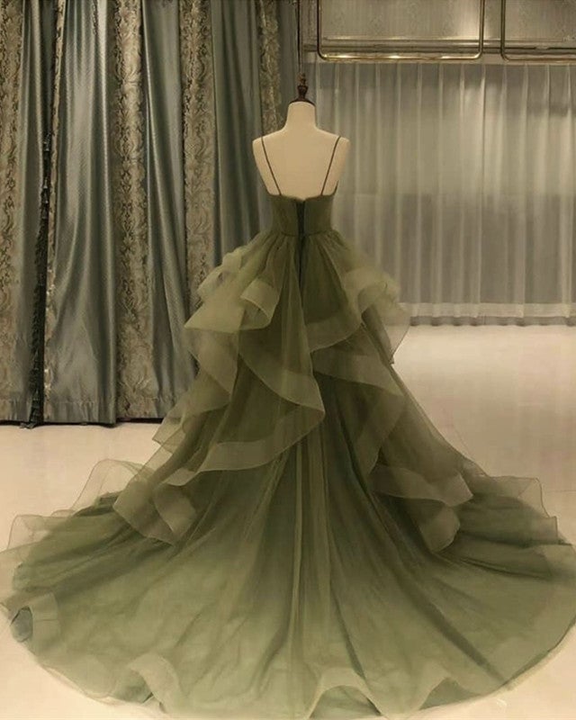 Green/Purple/Blue Fashion Elegant Spaghetti Strap Long Organza Ruffles Ball Gown Classy Evening Gown Graduation Gown Adult Ceremony Gown