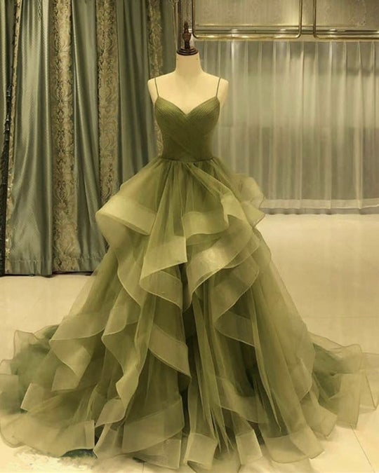 Green/Purple/Blue Fashion Elegant Spaghetti Strap Long Organza Ruffles Ball Gown Classy Evening Gown Graduation Gown Adult Ceremony Gown