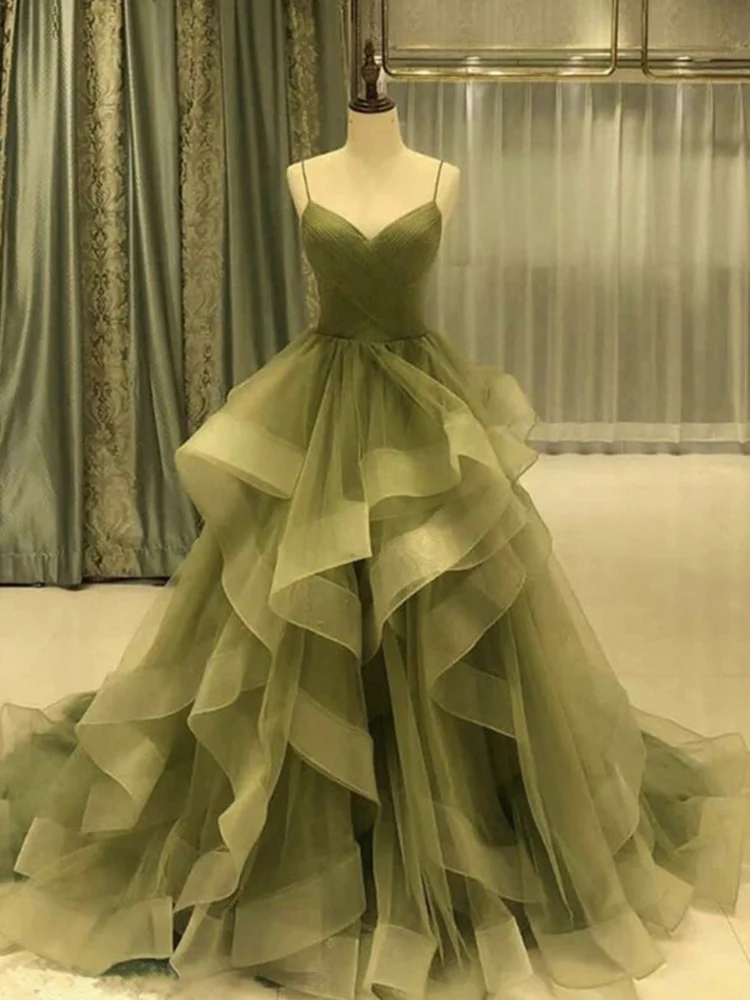 Green/Blue Long Shiny Elegant Spaghetti Straps Long Ruffled Organza Ball Gown Classy Evening Dress Quinceanera Dress Main image