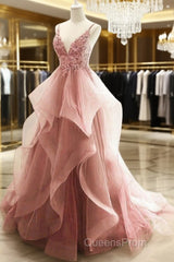 Ball Gown Pink Floor Length Sleeveless Lace Evening Prom Dress