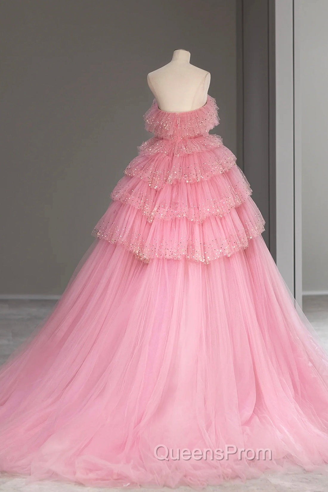 Ball Gown Pink Tulle Sequins Long Evening Prom Evening Dress, Beautiful Pink Strapless Sweet 16 Dress Secondary image